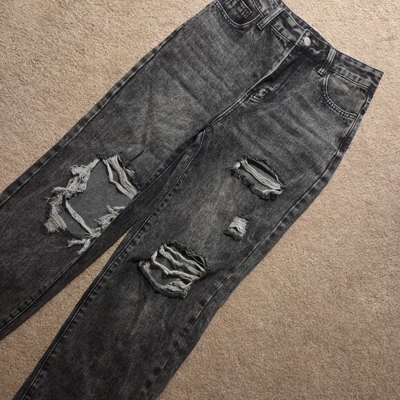 Shein Petite Gray Straight Leg High-Waisted Ripped Jeans - Picture 2 of 2